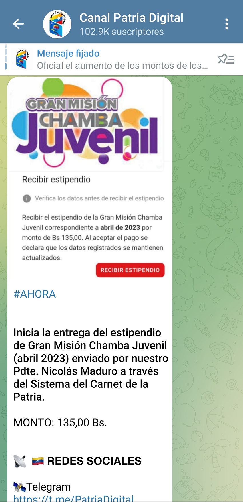 Inició la entrega del estipendio de la «Gran Misión Chamba Juvenil» de abril por el sistema Patria (+monto)