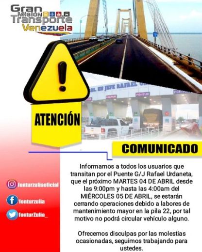 El puente sobre el Lago de Maracaibo permanecerá cerrado entre el 4 y 5 de abril