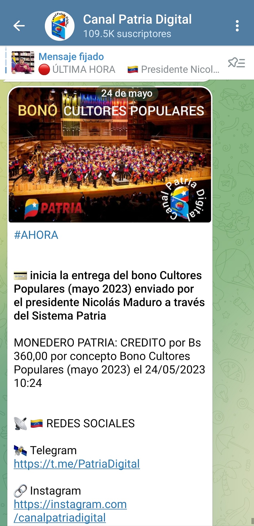 Más de US$13: Comenzó la entrega del bono «Cultores Populares» de mayo a través del sistema Patria