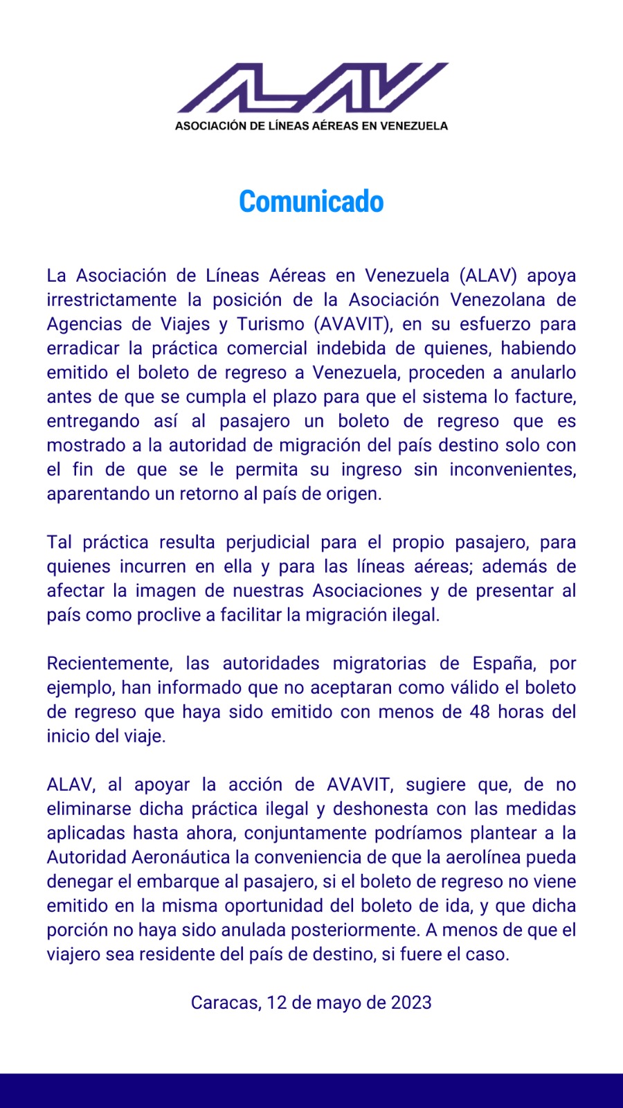 ALAV plantea solicitar denegar embarque a pasajeros cuyos boletos de ida y vuelta no sean emitidos en la misma fecha