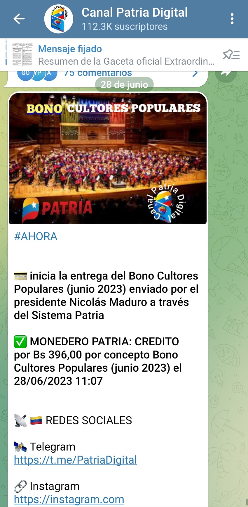 Bono Cultores Populares de junio de 2023