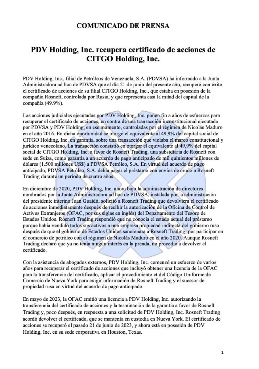 PDVSA Ad Hoc informa sobre recuperación de 49,9% de las acciones de Citgo