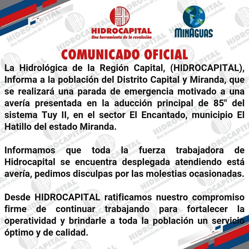 Hidrocapital realiza una parada de emergencia del Sistema Tuy ll