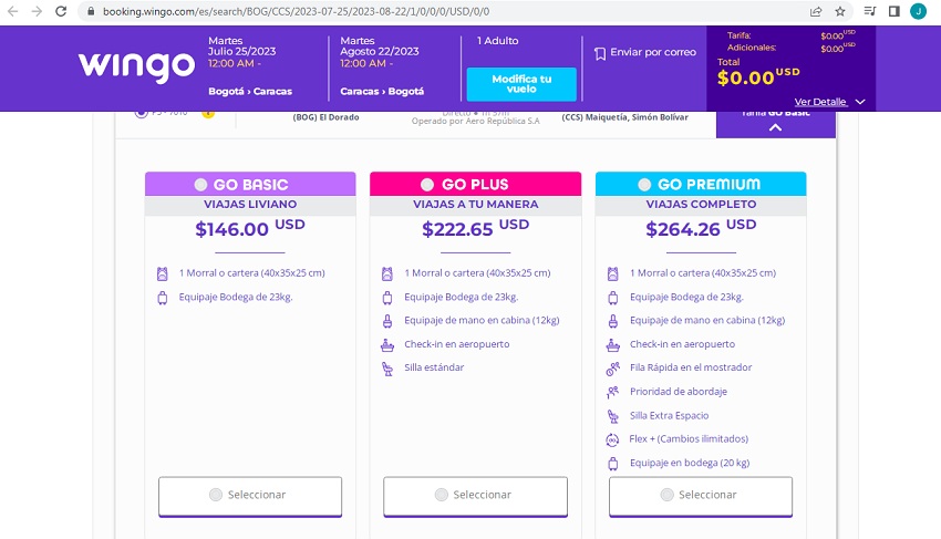 Precios de los boletos de Wingo entre Bogotá y Caracas