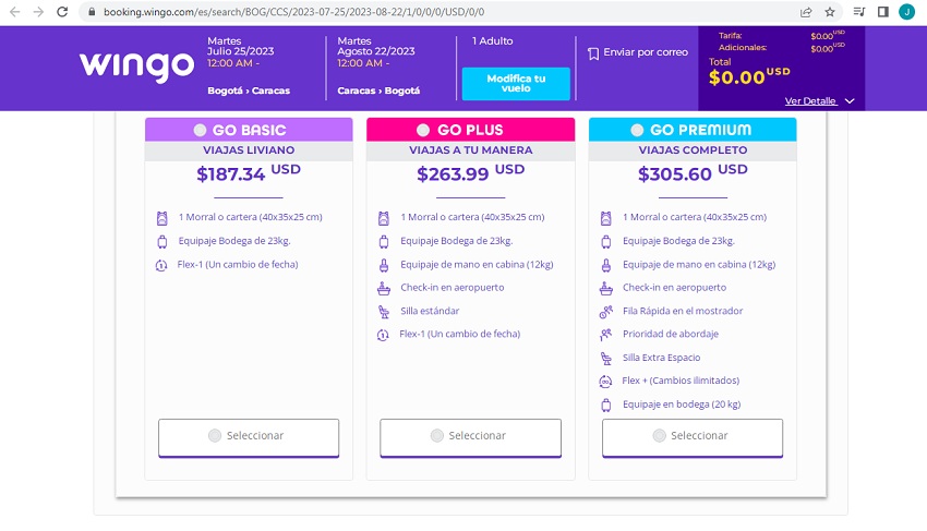 Precios de los boletos de Wingo entre Bogotá y Caracas