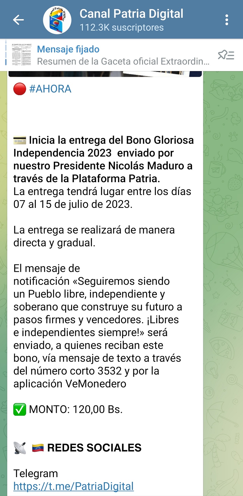 Bono "Gloriosa Independencia 2023" por el sistema Patria