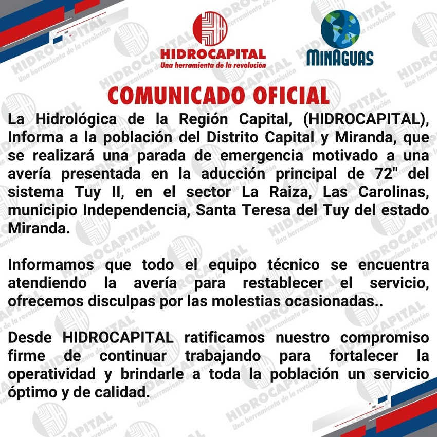 Hidrocapital realizará una parada de emergencia del sistema Tuy ll