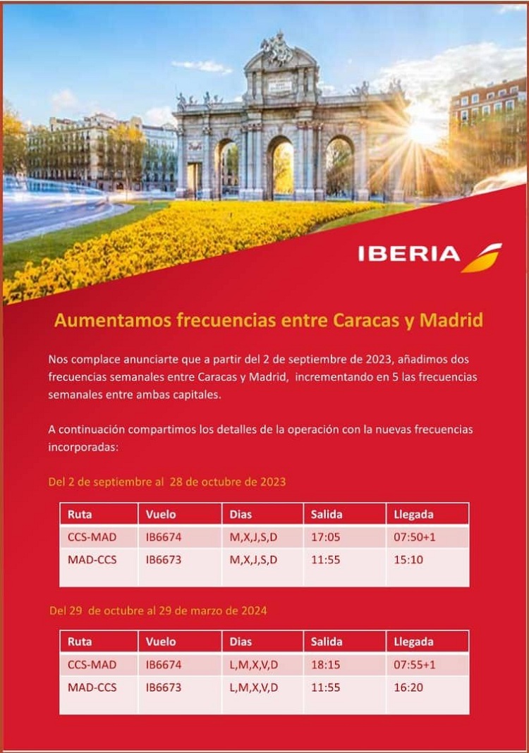Iberia auenta la frecuencia de vuelos entre Caracas y Madrid