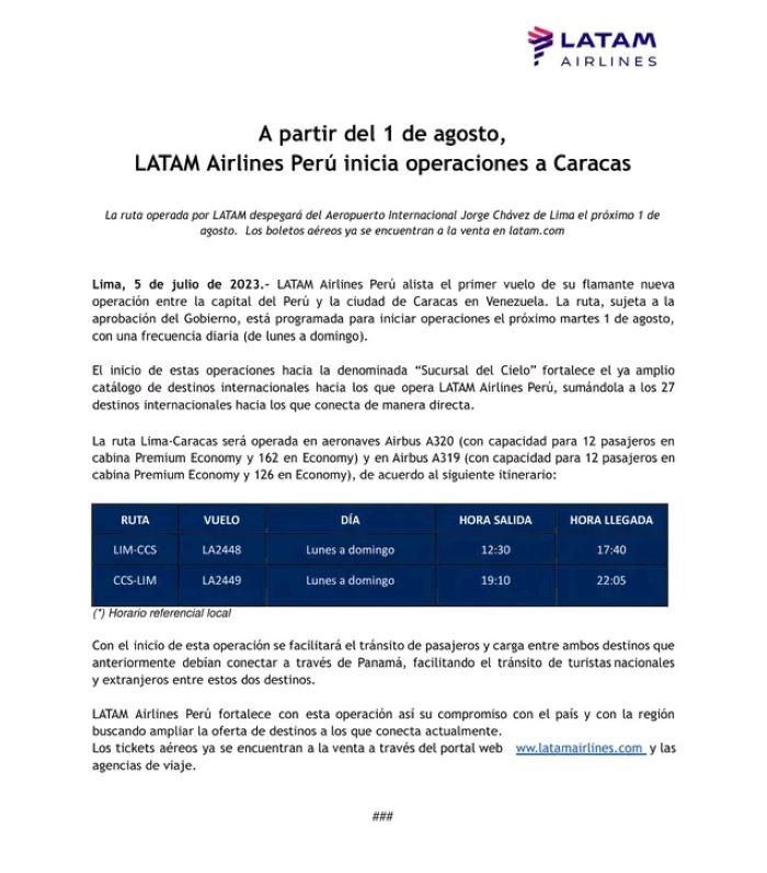 Comunicado de LATAM Airlines Perú anuncia incio de vuelos a Venezuela.