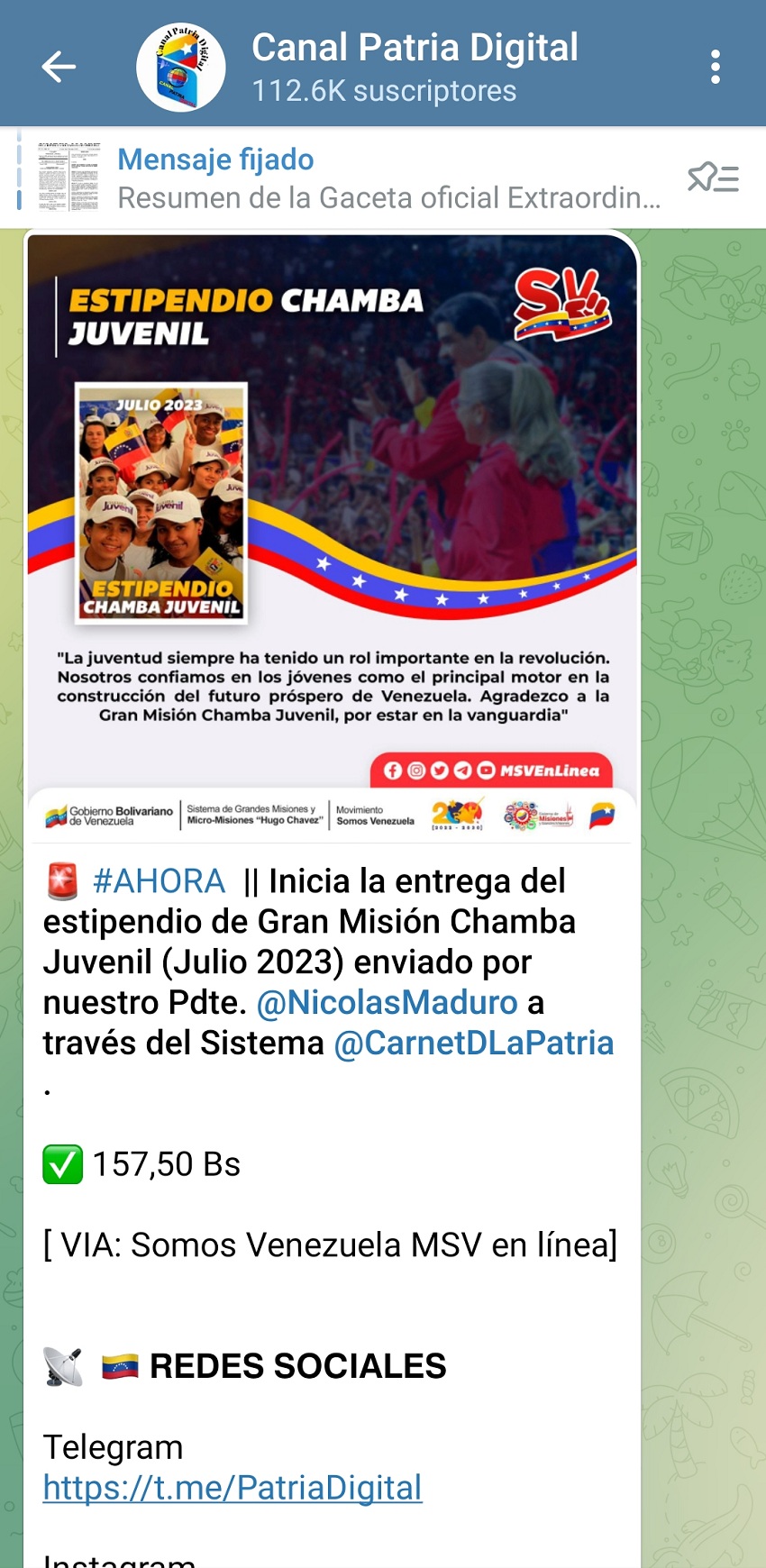 Estipendio Gran Misión Chamba Juvenil de julio 2023