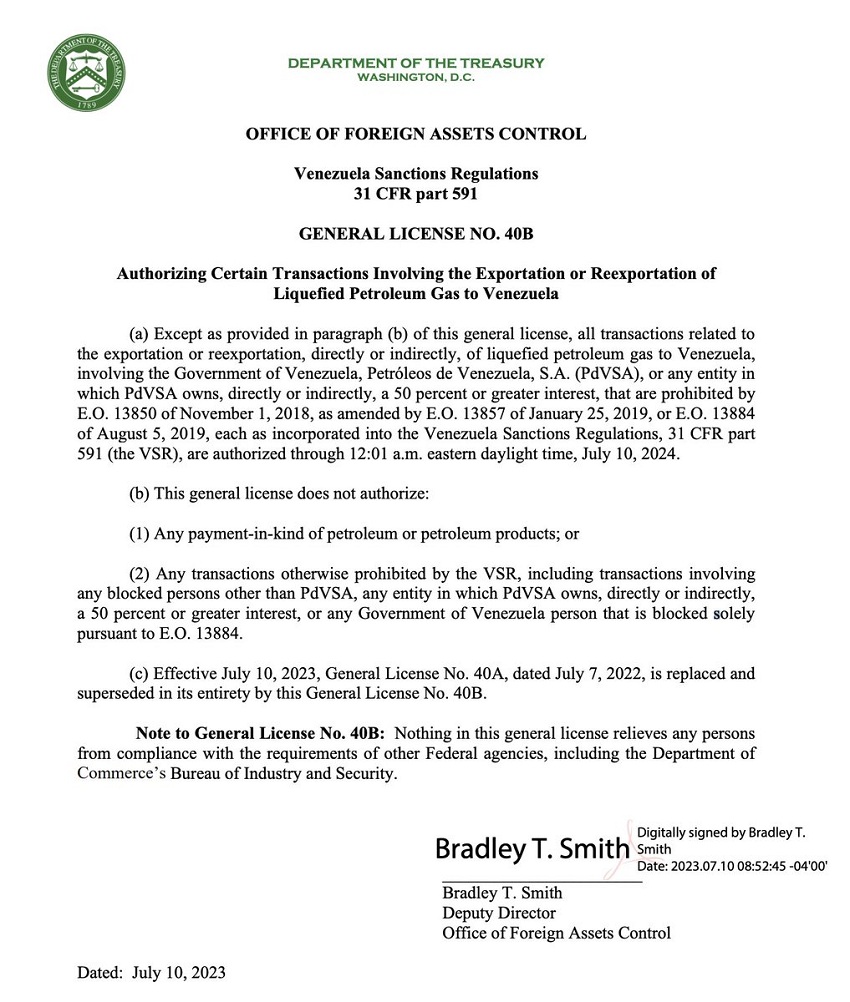 OFAC renovó por un año a PDVSA licencia para exportar GLP