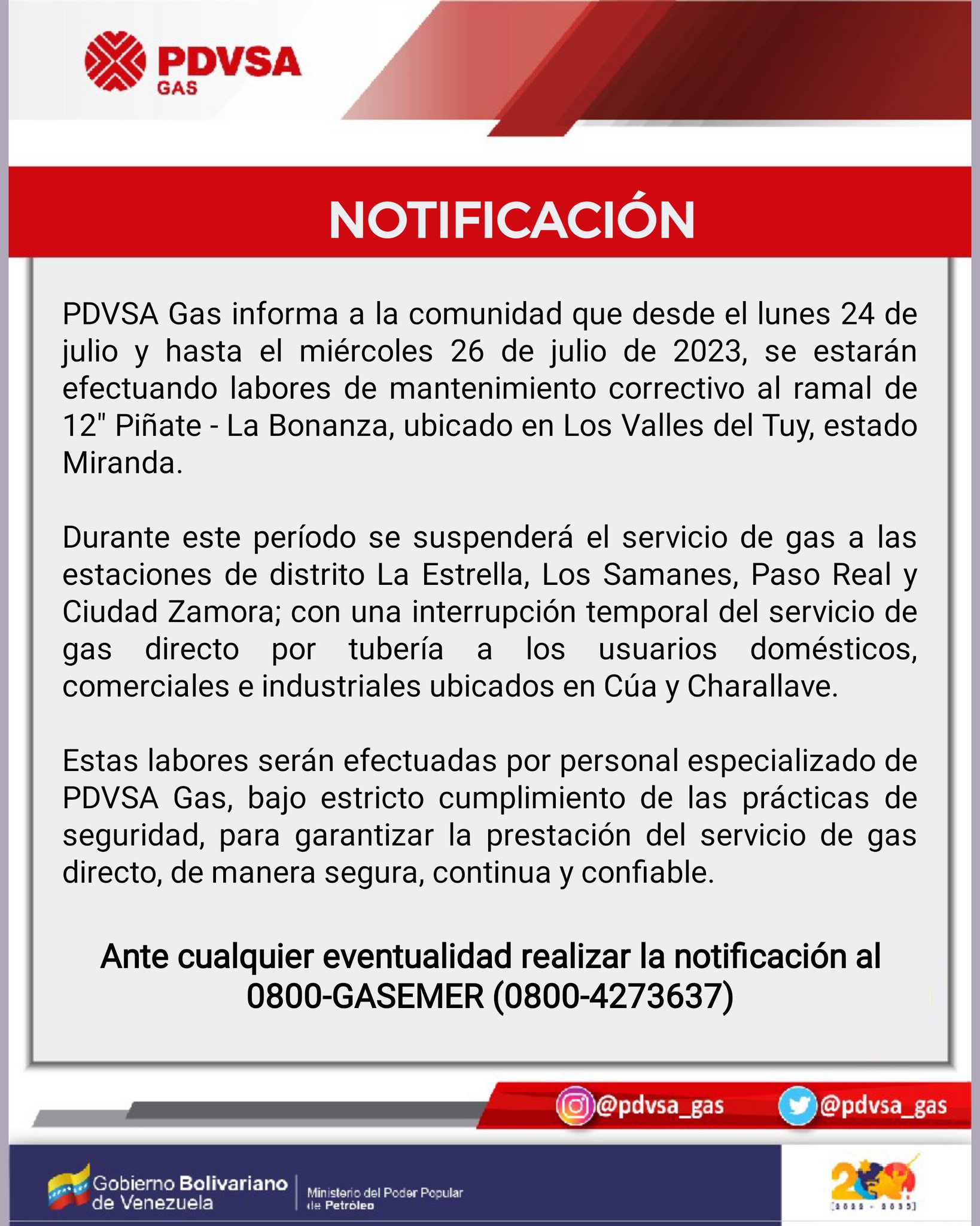 PDVSA suspenderá del 24 al 26 de julio el servicio de gas directo