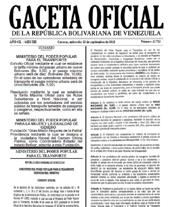 En Gaceta: Oficializan la nueva tarifa del pasaje urbano