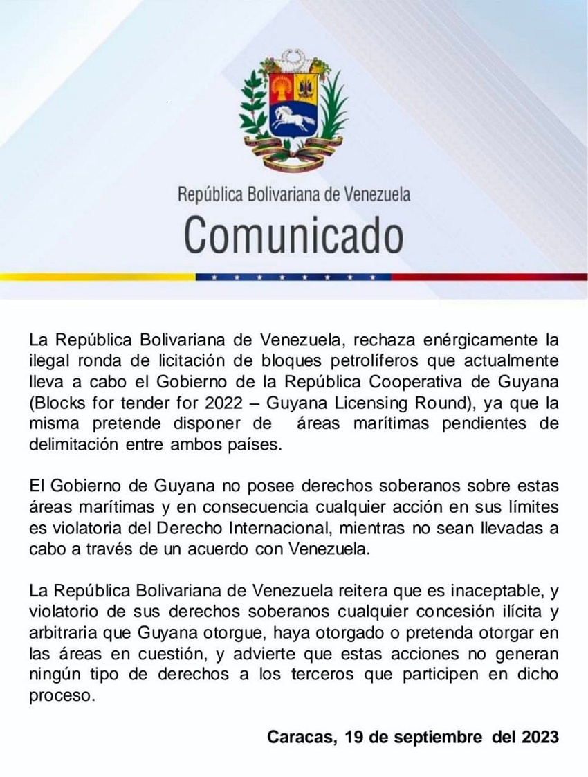 Venezuela rechaza licitación petrolera que realiza Guyana