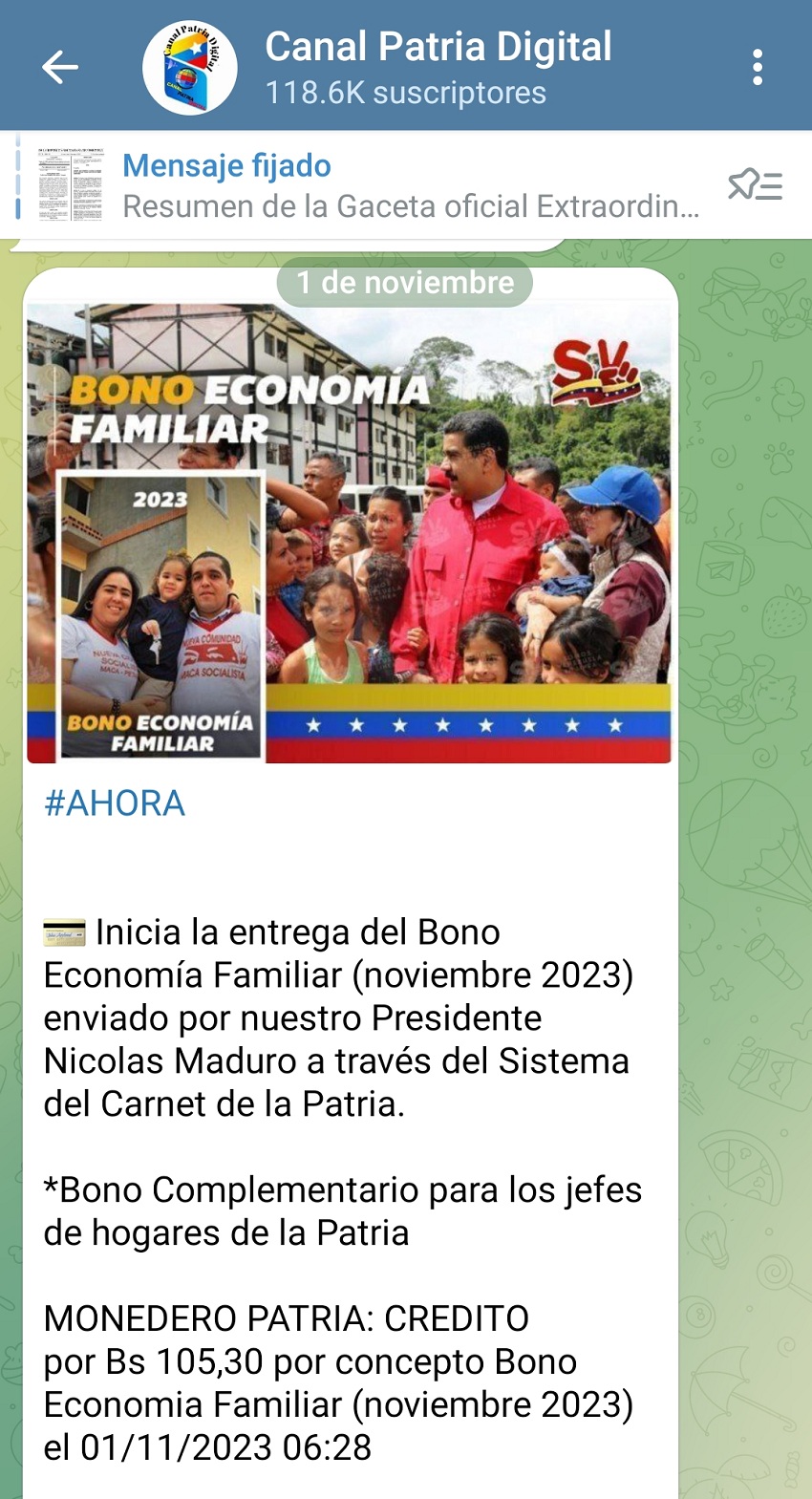 Por US$ 3: Entregan bono "Economía Familiar" de noviembre