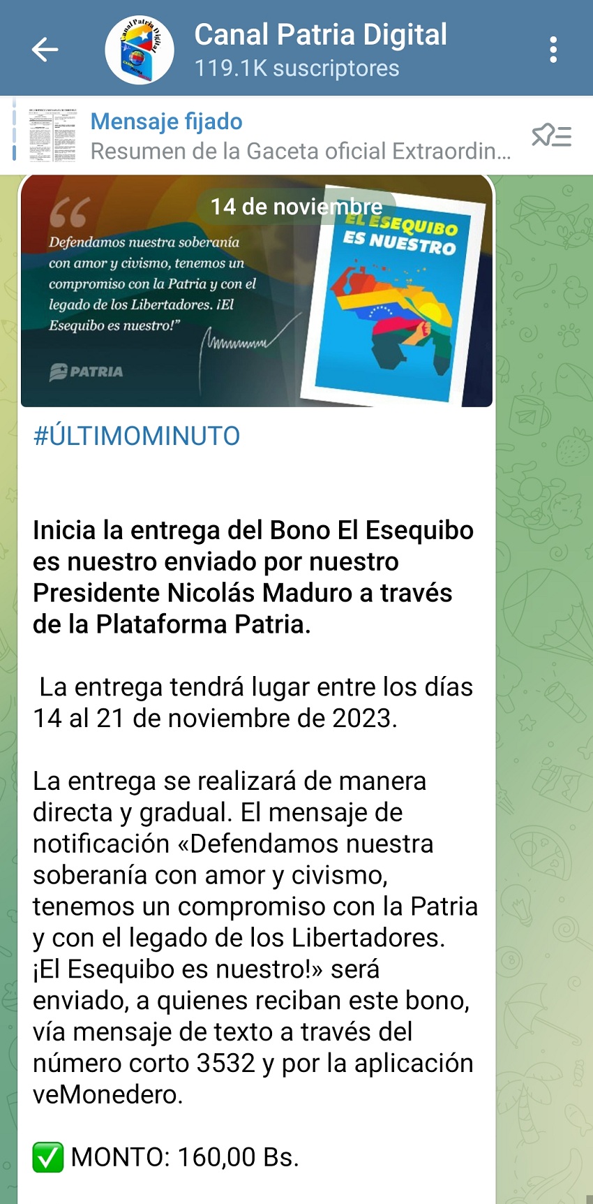 Entregan el bono «El Esequibo es nuestro» por US$ 4 a través del sistema Patria