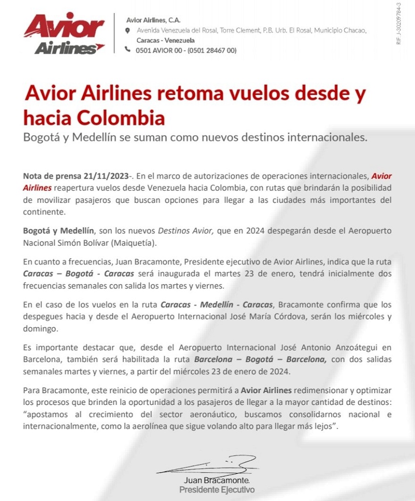 Bogotá y Medellín son los nuevos destinos: Avior Airlines conectará a Venezuela con Colombia a partir de 2024