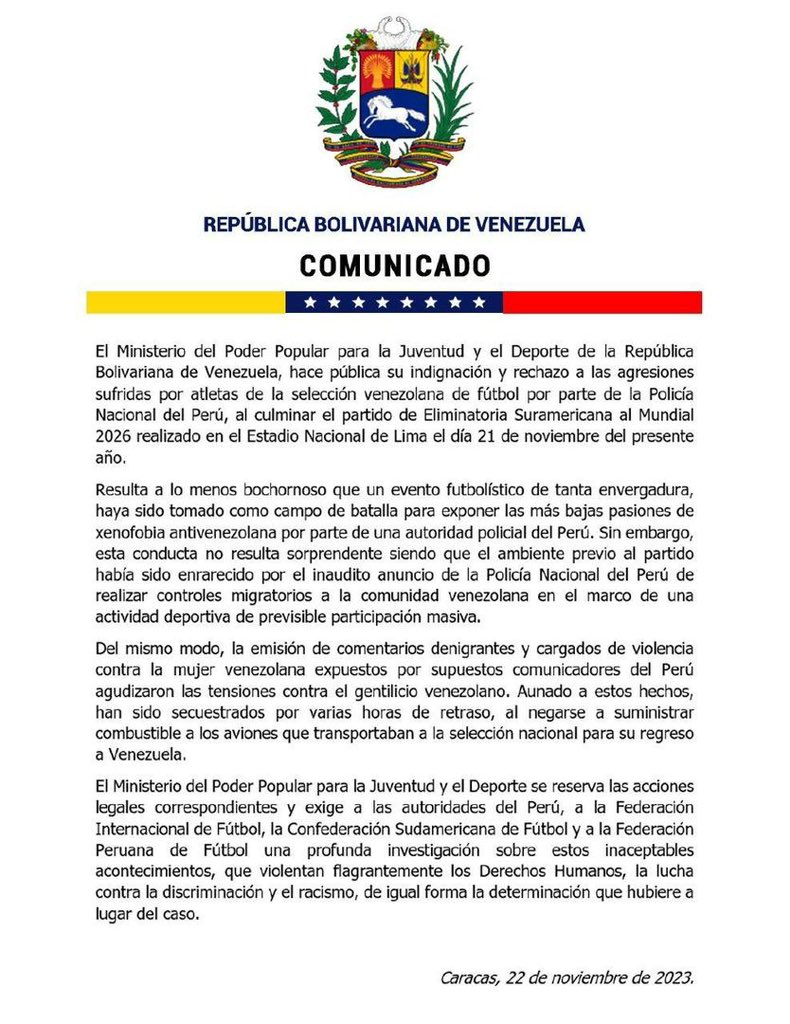Venezuela rechaza agresiones de policías peruanos a futbolistas de la Vinotinto