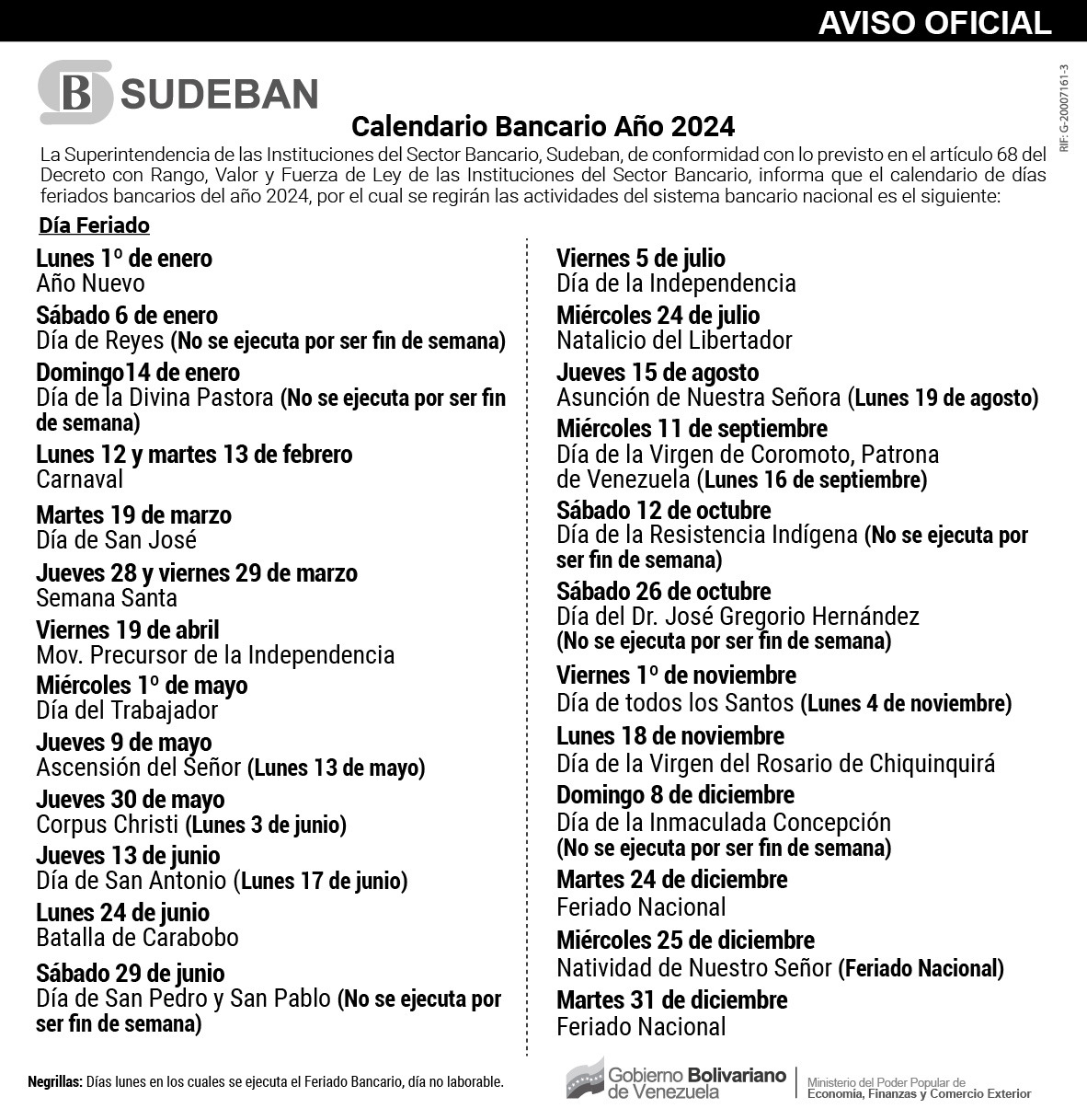 Calendario bancario en Venezuela del año 2024