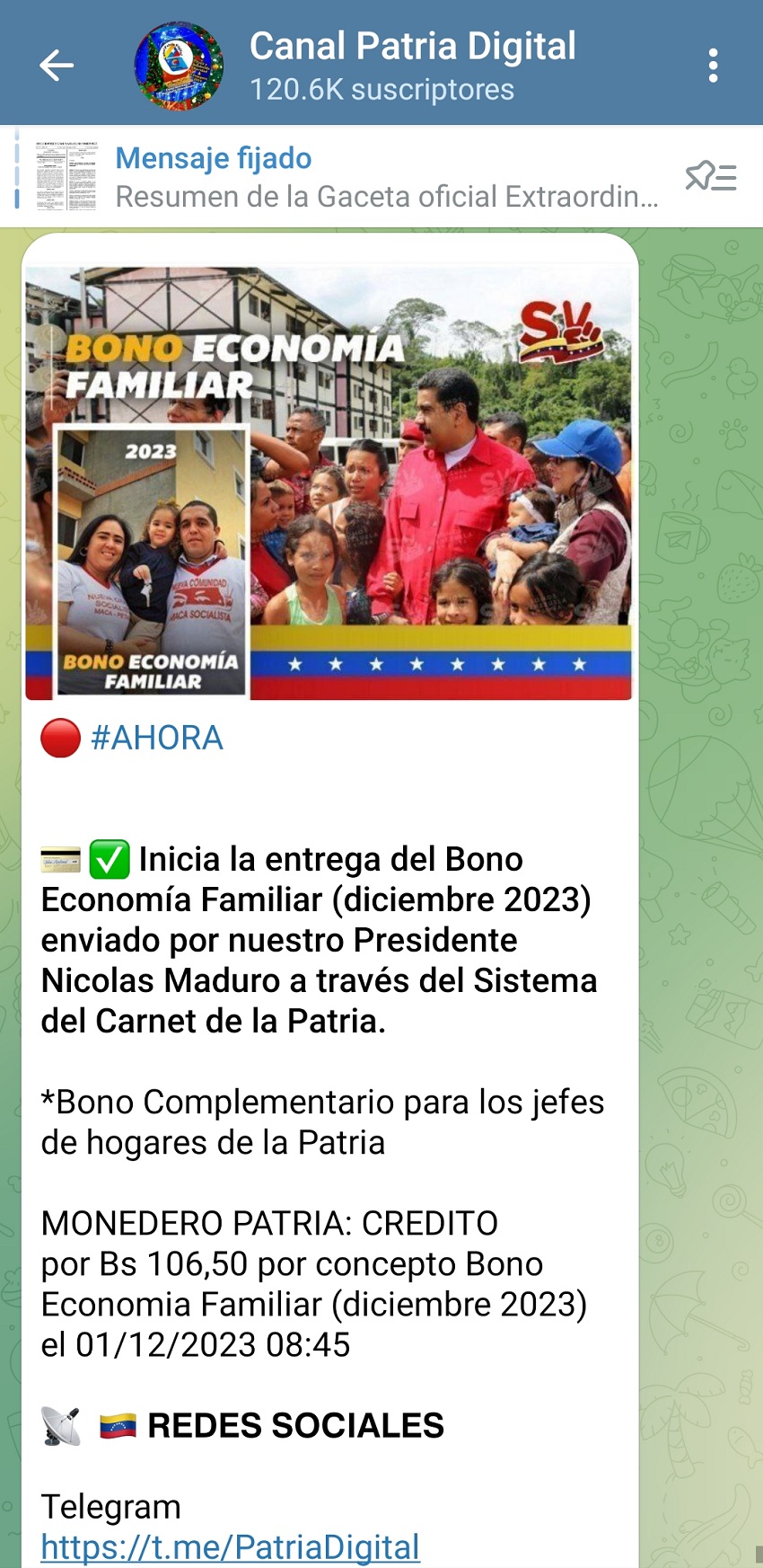 Pagan bono "Economía Familiar" de diciembre a jefes de hogares de la patria por US$ 3