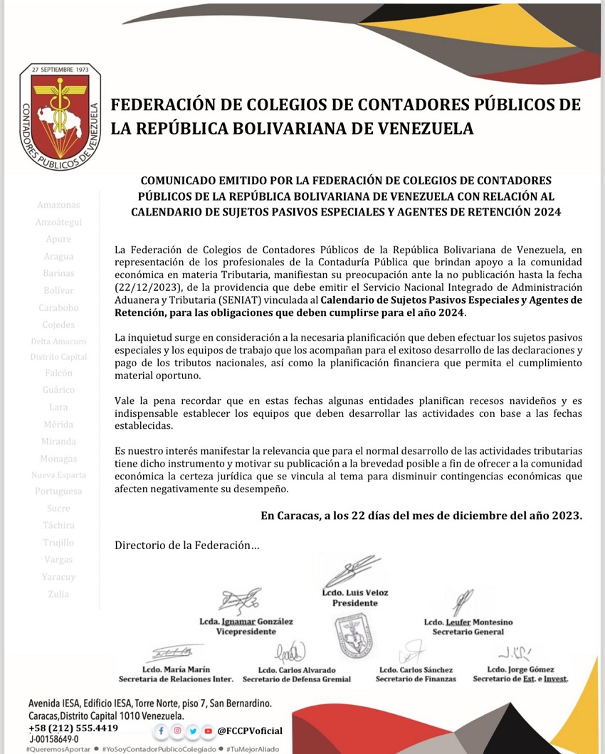Federación de Colegio de Contadores de Venezuela preocupada ante retraso del calendario fiscal para contribuyentes especiales