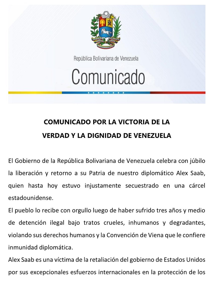 Gobierno venezolano confirma liberación de Alex Saab: «Su libertad es un símbolo de la diplomacia bolivariana»