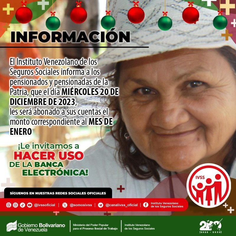 #Atentos: Este #20Dic el IVSS paga la pensión correspondiente al mes de enero