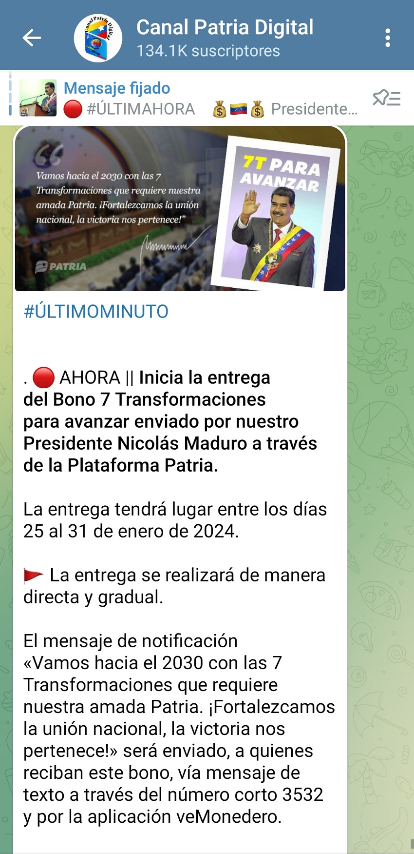 Más de US$ 4: Pagan el bono «7 Transformaciones para Avanzar» a través de la plataforma Patria