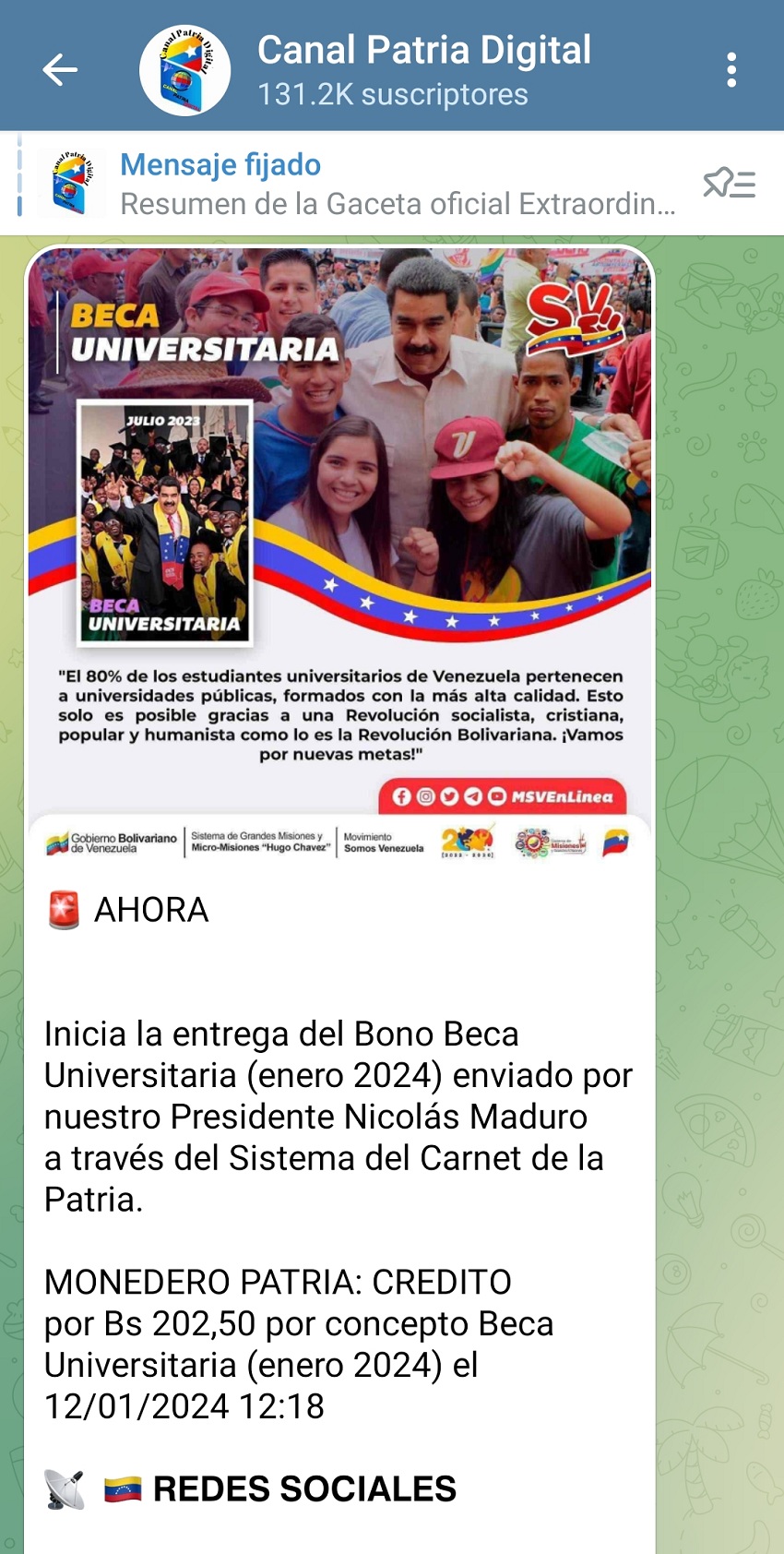 Pagan los bonos "Beca Universitaria" y "Beca Enseñanza Media" por el Carnet de la Patria