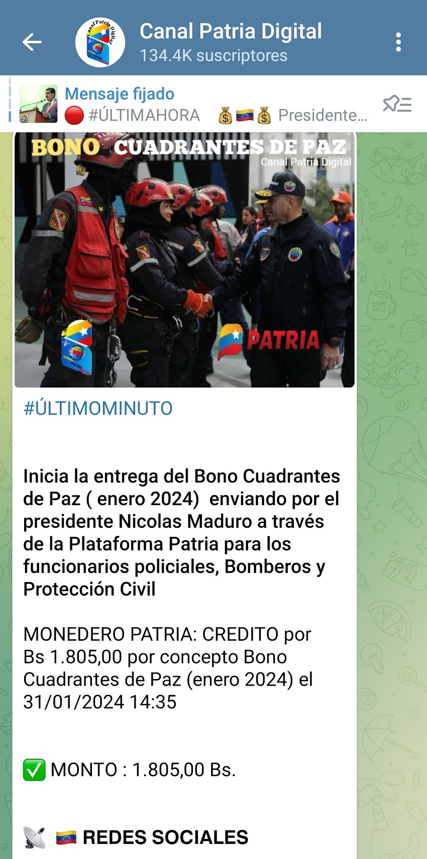 Entregan el bono «Cuadrantes de Paz» por US$ 49 a funcionarios policiales, bomberiles y de Protección Civil