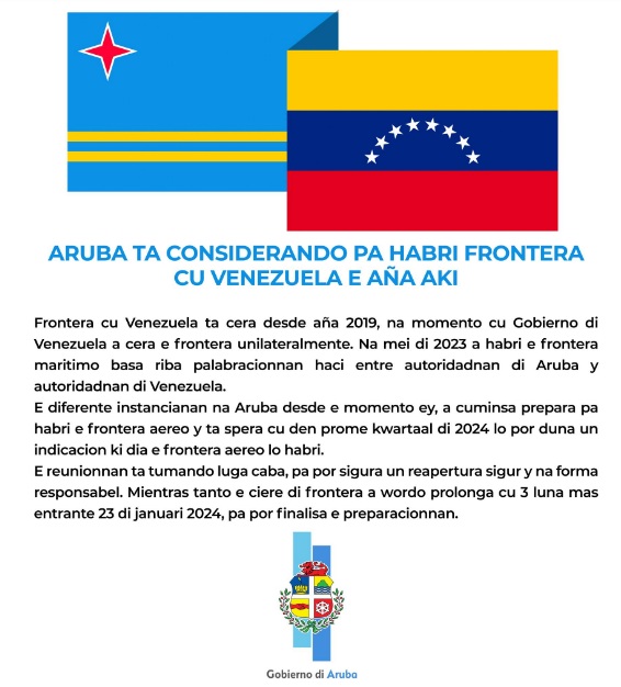 Aruba está considerando reabrir la frontera aérea con Venezuela en el primer trimestre de 2024 (+comunicado)