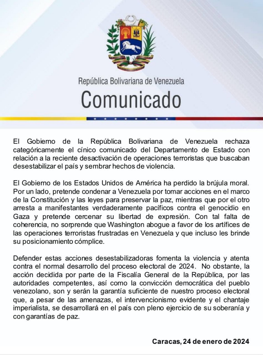 Gobierno afirma que EEUU defiende a implicados en «operaciones terroristas» en Venezuela