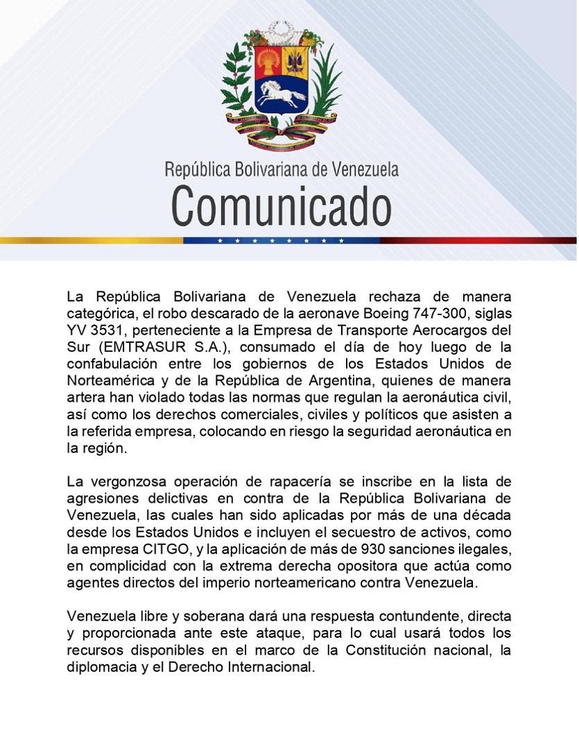 Avión de Emtrasur llegó a EEUU desde Argentina y Venezuela rechazó «el robo descarado» de la aeronave