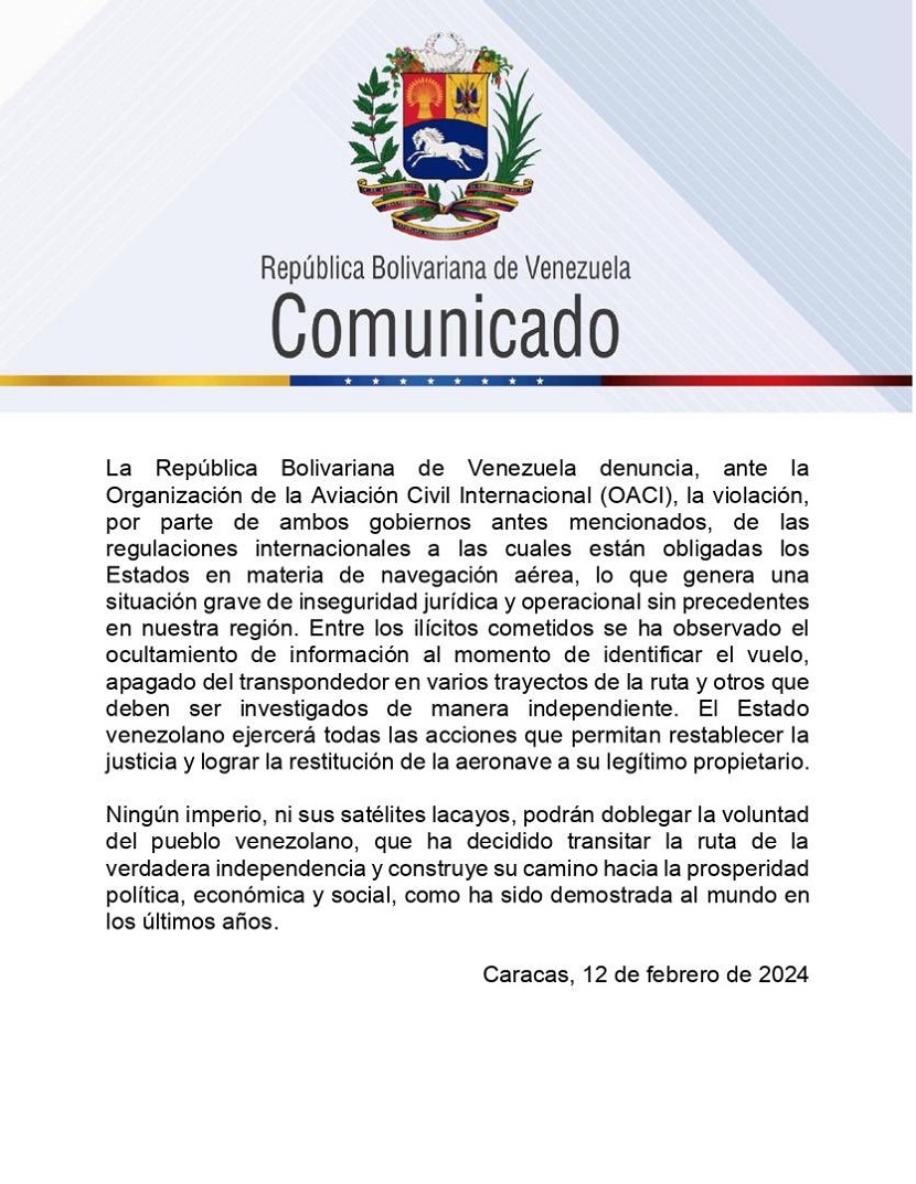 Avión de Emtrasur llegó a EEUU desde Argentina y Venezuela rechazó «el robo descarado» de la aeronave