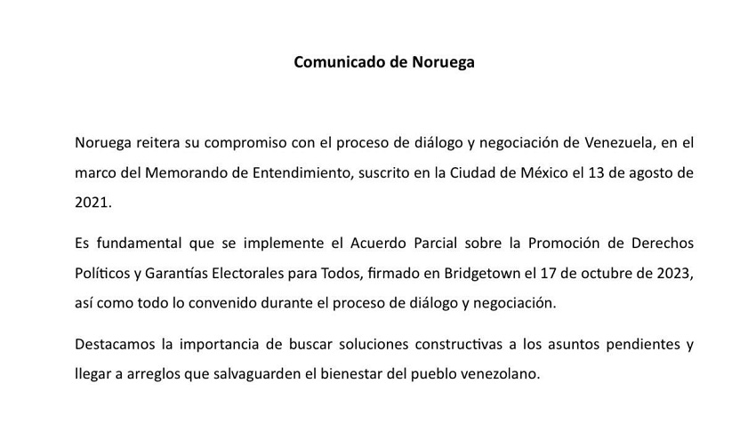 «Llegar a arreglos»: Gobierno de Noruega reitera su compromiso con el proceso de negociación de Venezuela