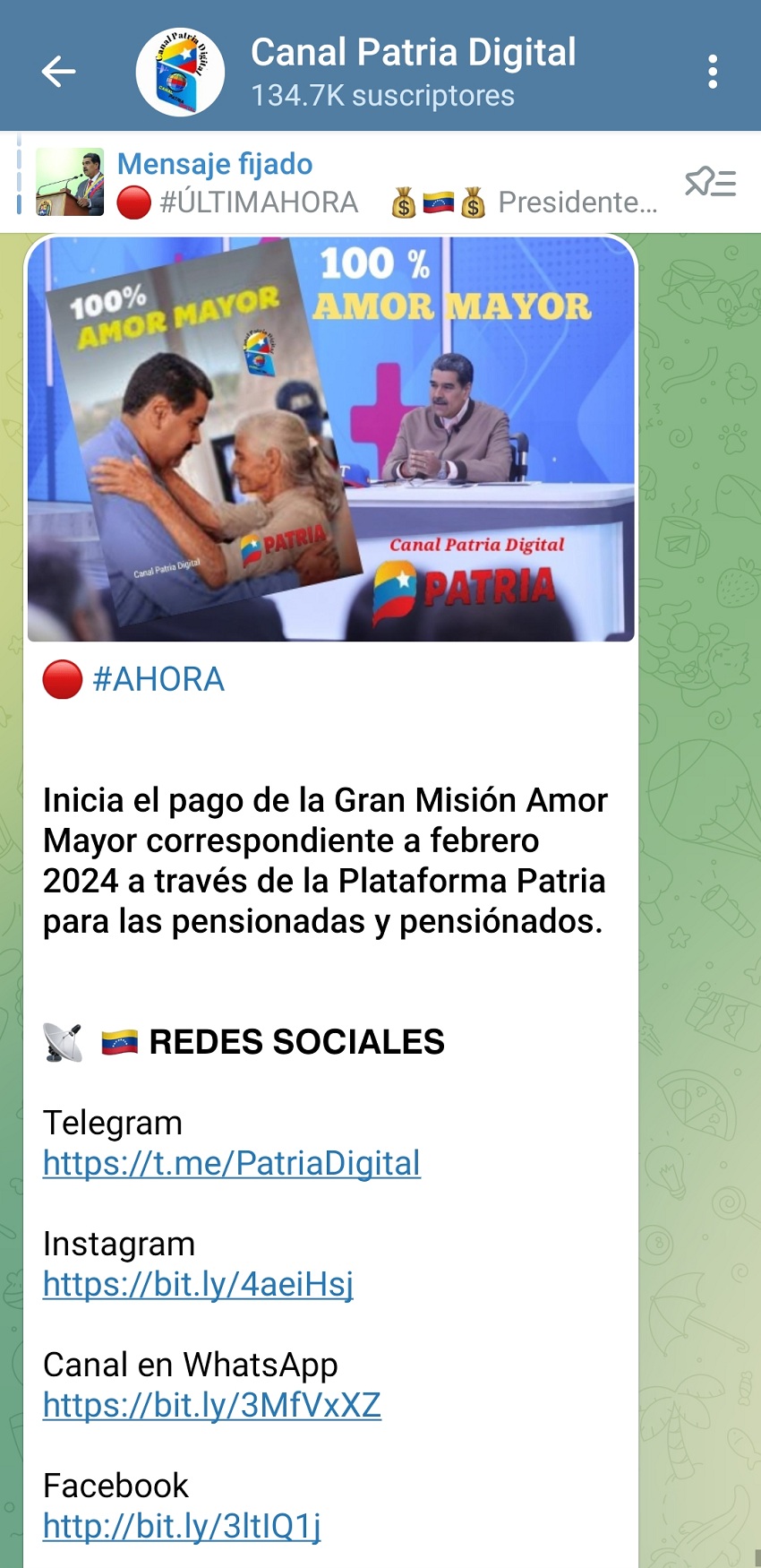 Pagan la «Gran Misión Amor Mayor» de febrero por US$ 3 a través de la plataforma Patria