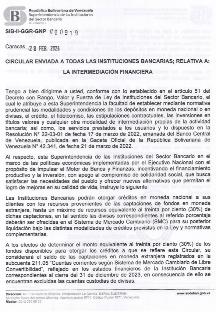 Sudeban mantiene límite de 30% de depósitos de libre convertibilidad para otorgar créditos en divisas