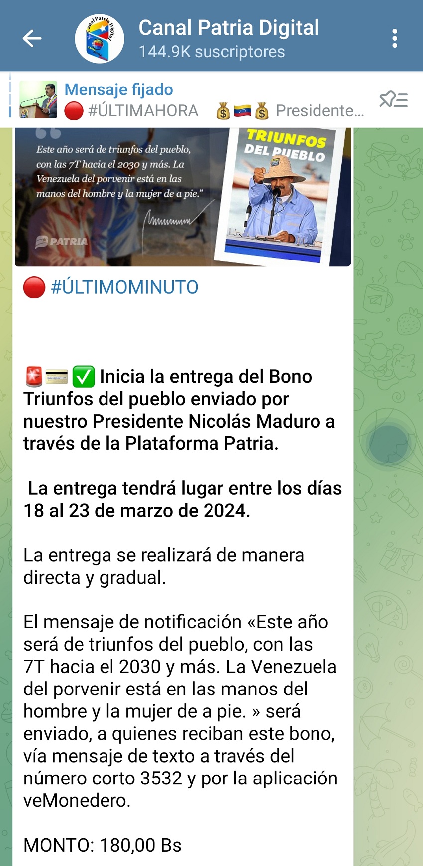 Equivale a US$ 4: Pagan el bono «Triunfos del Pueblo» de marzo por la plataforma Patria