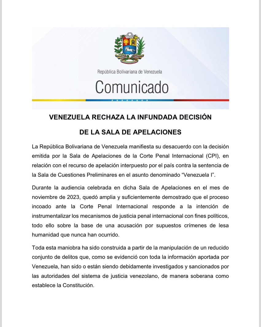 Venezuela: CPI responde a la intención de instrumentalizar los mecanismos de justicia con fines políticos