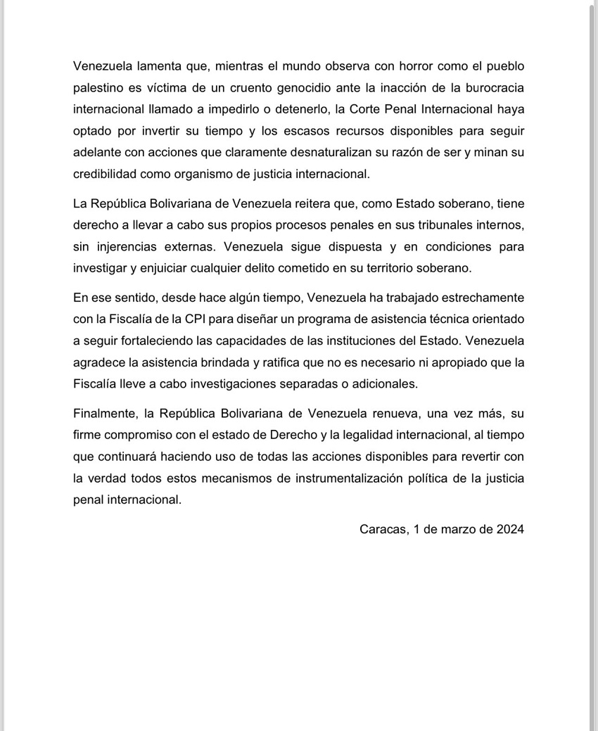 Venezuela: CPI responde a la intención de instrumentalizar los mecanismos de justicia con fines políticos