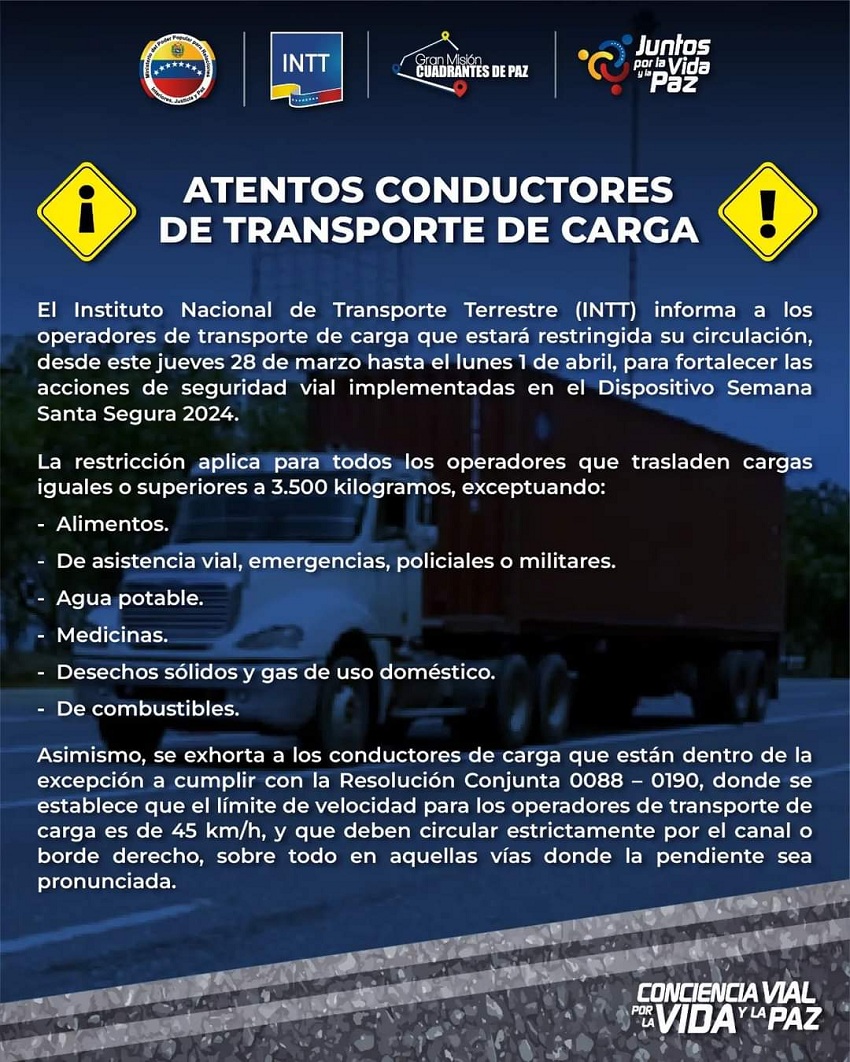 Hay excepciones: Transporte de carga no podrá circular desde el #28Mar hasta el #1Abr (+comunicado)