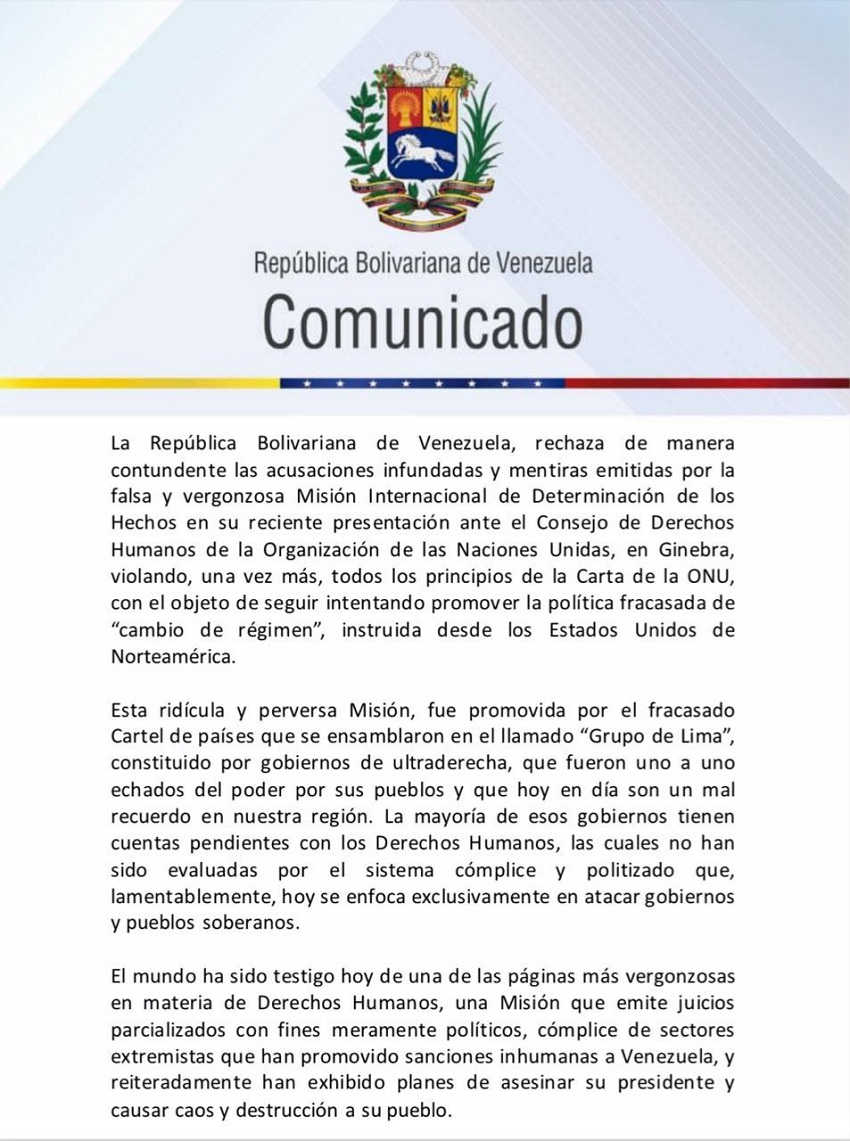 Gobierno venezolano tilda de «mentiras» las declaraciones de la misión independiente de la ONU (+comunicado)