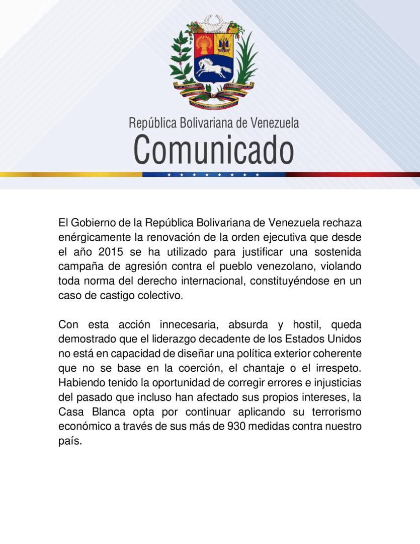 Gobierno rechazó renovación ejecutiva de EEUU contra Venezuela: «Opta por aplicar terrorismo económico»