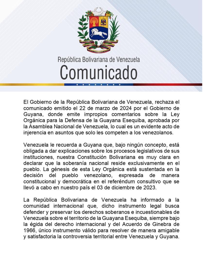 Venezuela rechaza «impropios comentarios» de Guyana sobre ley que crea región en el Esequibo