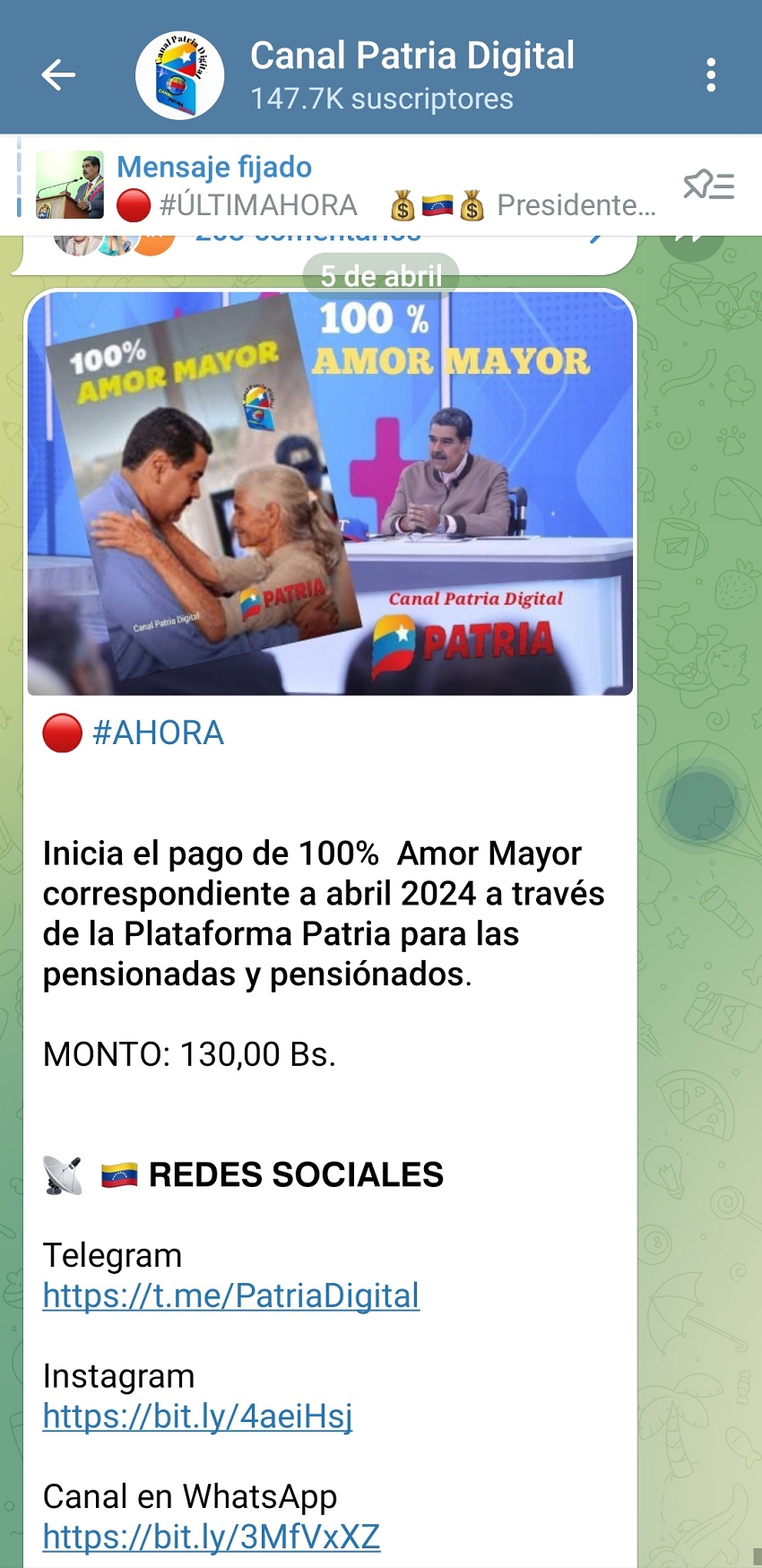 Pagan la «Gran Misión Amor Mayor» de abril por US$ 3 por la plataforma Patria