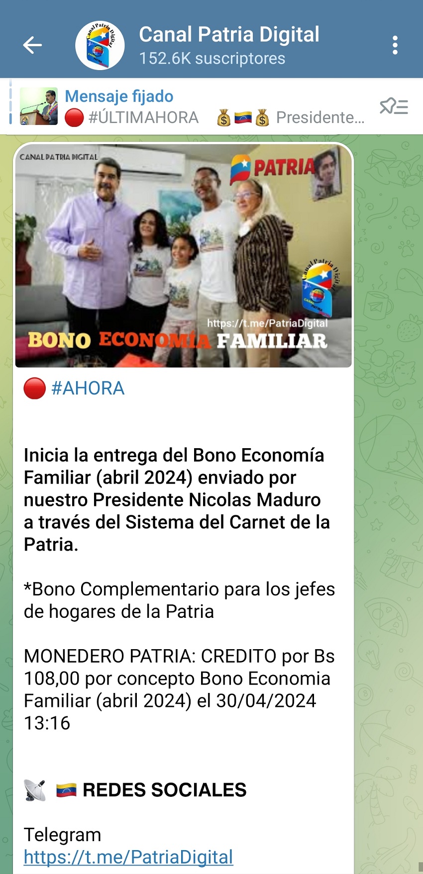 Equivale a US$ 2,96: Pagan el bono «Economía Familiar» de abril a los jefes de hogares de la patria