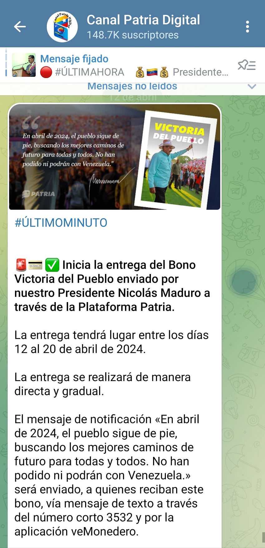 Pagan el bono «Victoria del Pueblo» de abril por la plataforma Patria: Equivale a US$ 4,96