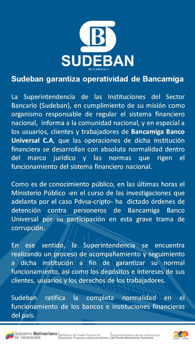 Sudeban garantiza operación normal de Bancamiga con plan de «acompañamiento y seguimiento» a la entidad