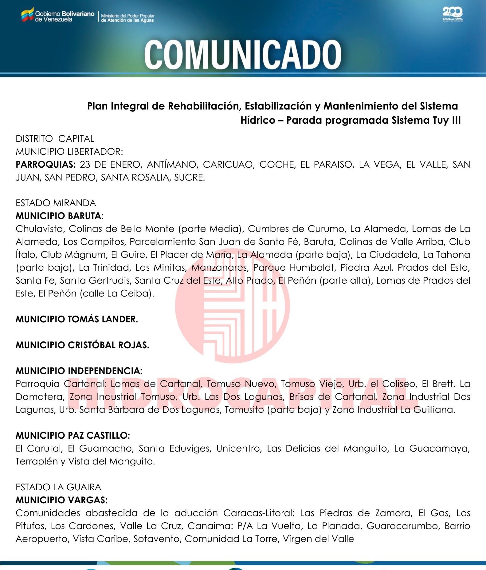 Suspenderán servicio de agua por 48 horas en zonas de Caracas, Miranda y La Guaira desde el #9Abril