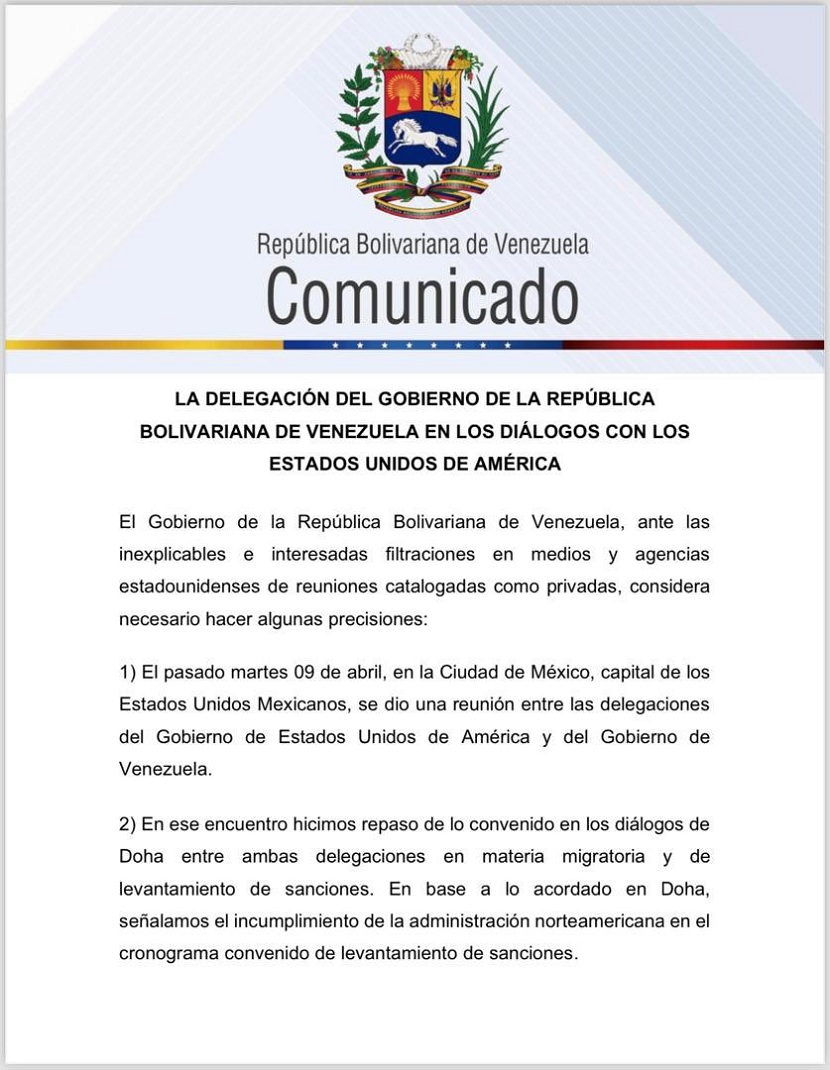 Venezuela tras reunión con delegación de EEUU: «Se exigió el levantamiento absoluto de todas las sanciones»